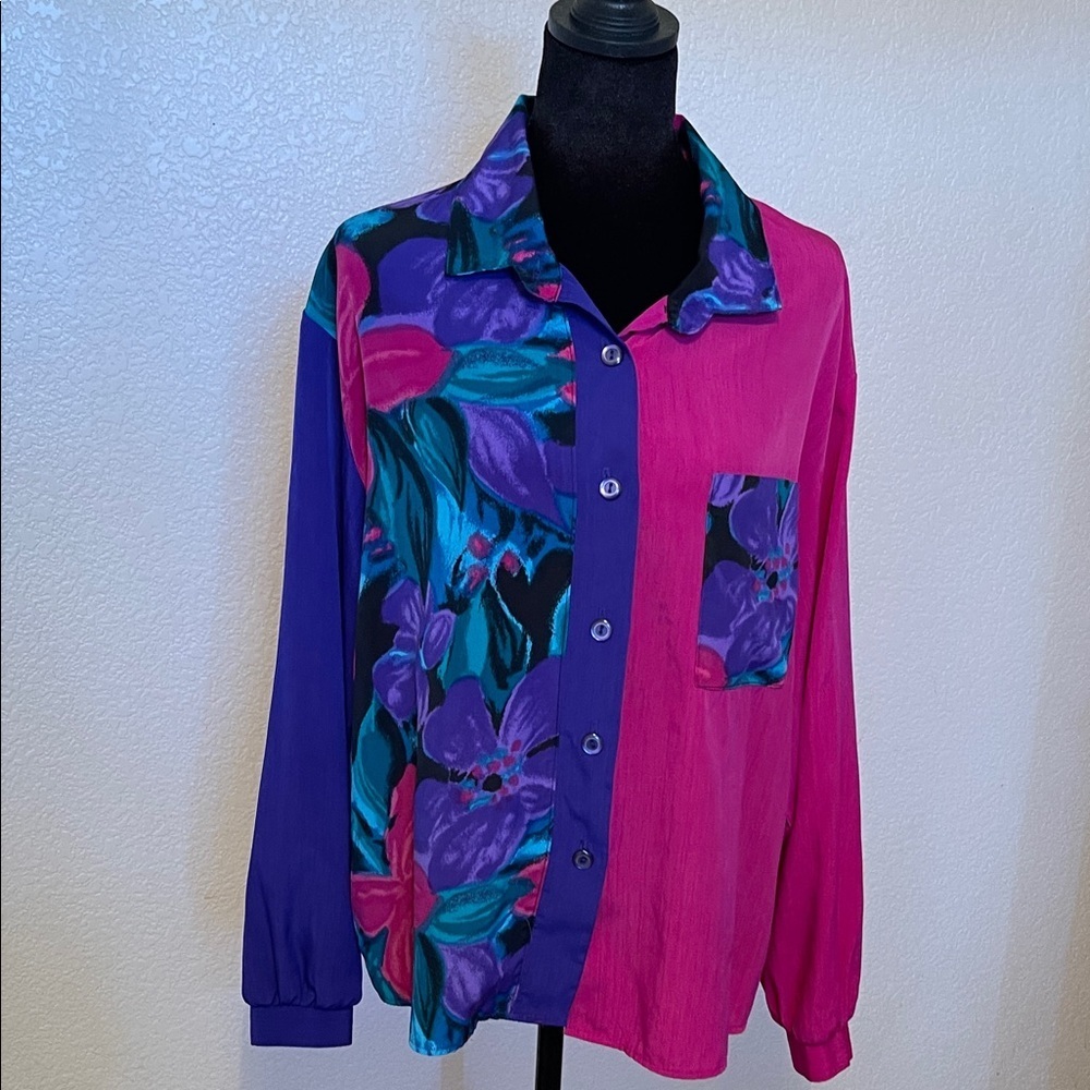 Colorblock Floral Button-Up Shirt - Pink, Purple, Teal - Picture 7 of 8